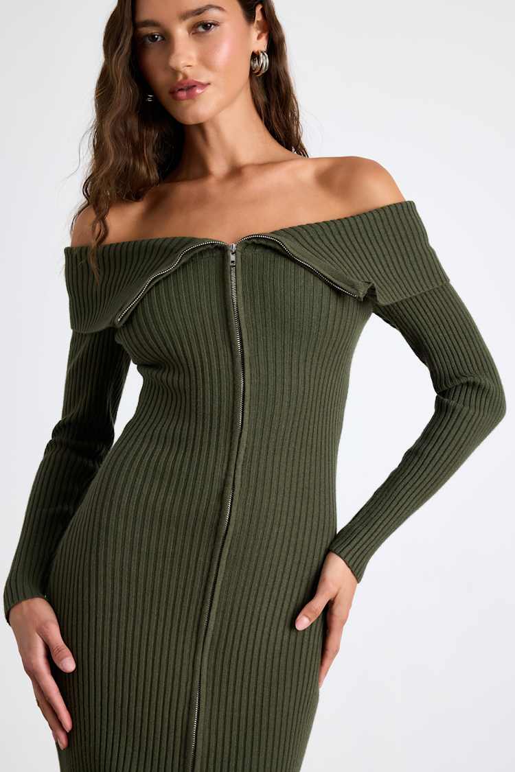 Trendy Aura Olive Green Off-the-Shoulder Zip-Front Sweater Dress