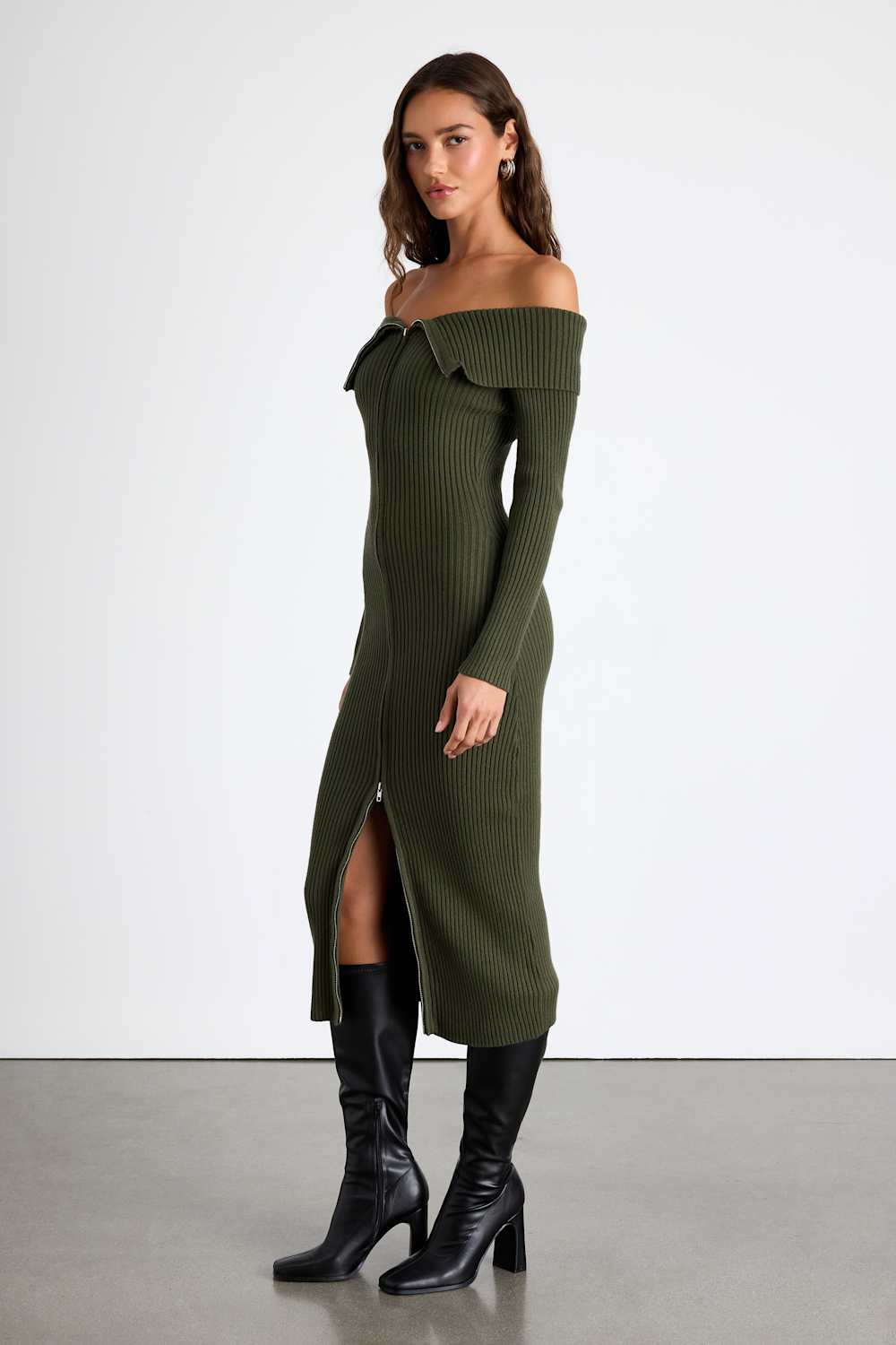 Trendy Aura Olive Green Off-the-Shoulder Zip-Front Sweater Dress