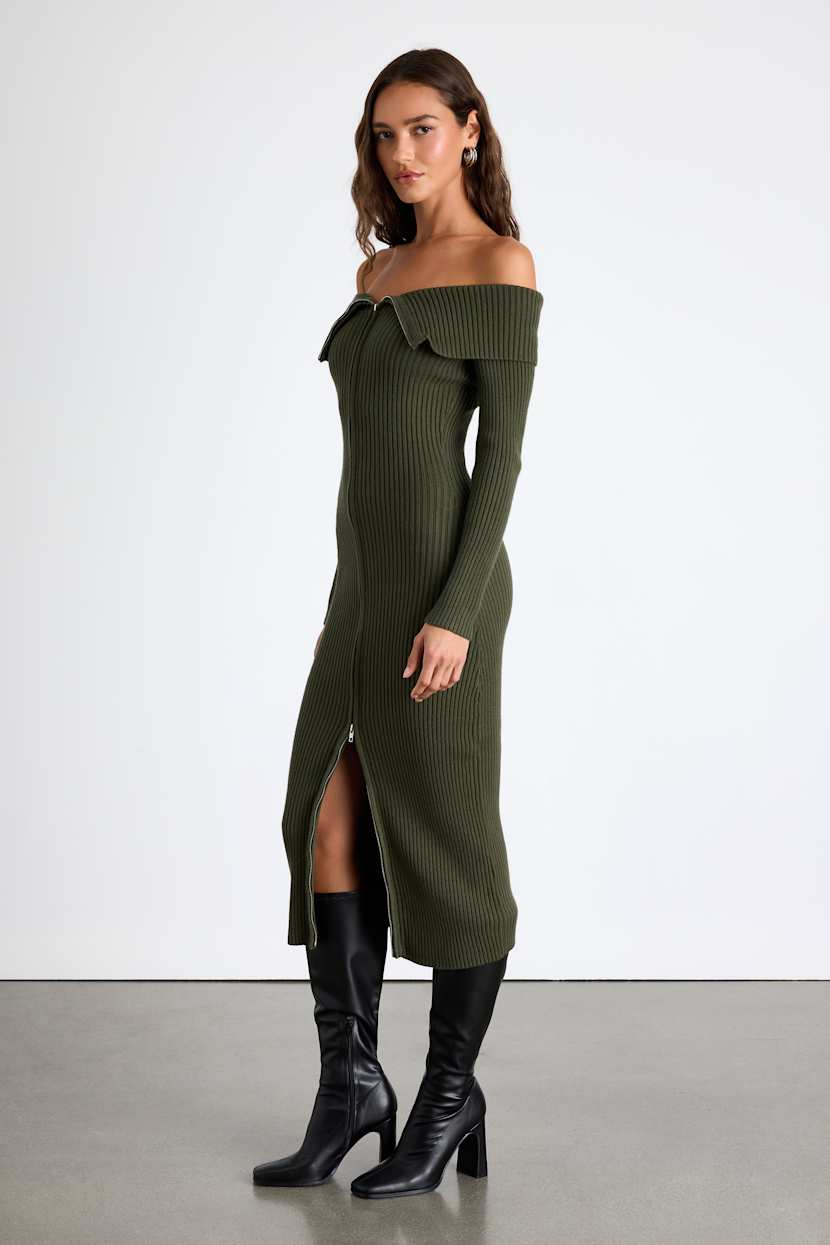 Trendy Aura Olive Green Off-the-Shoulder Zip-Front Sweater Dress Trendy Aura Olive Green Off-the-Shoulder Zip-Front Sweater Dress