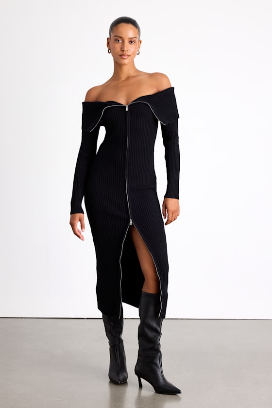 Image of Trendy Aura Black Off-the-Shoulder Zip-Front Sweater Dress