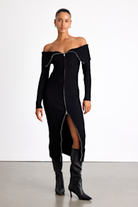 Trendy Aura Black Off-the-Shoulder Zip-Front Sweater Dress 1