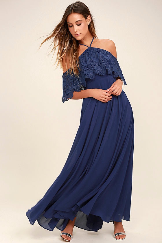 Lovely Navy Blue Dress - Halter Dress - Maxi Dress - Lace Dress - Lulus