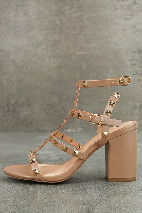 Phedra Natural Studded Ankle Strap Heels 2