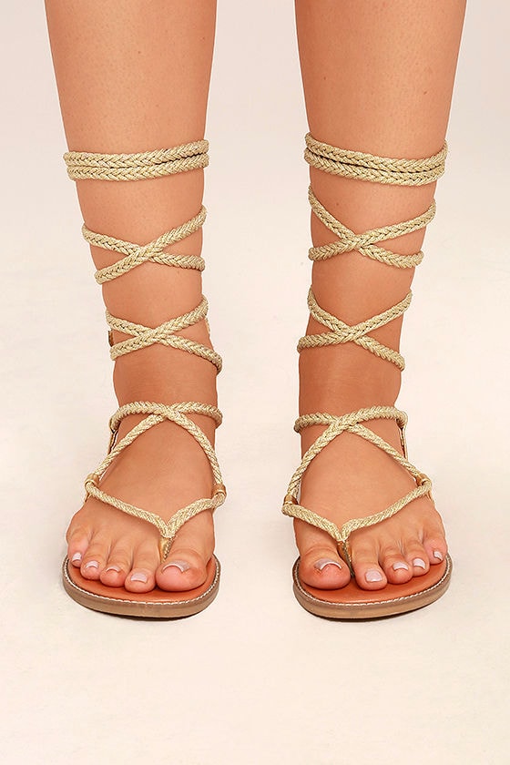 gold lace up sandals flat