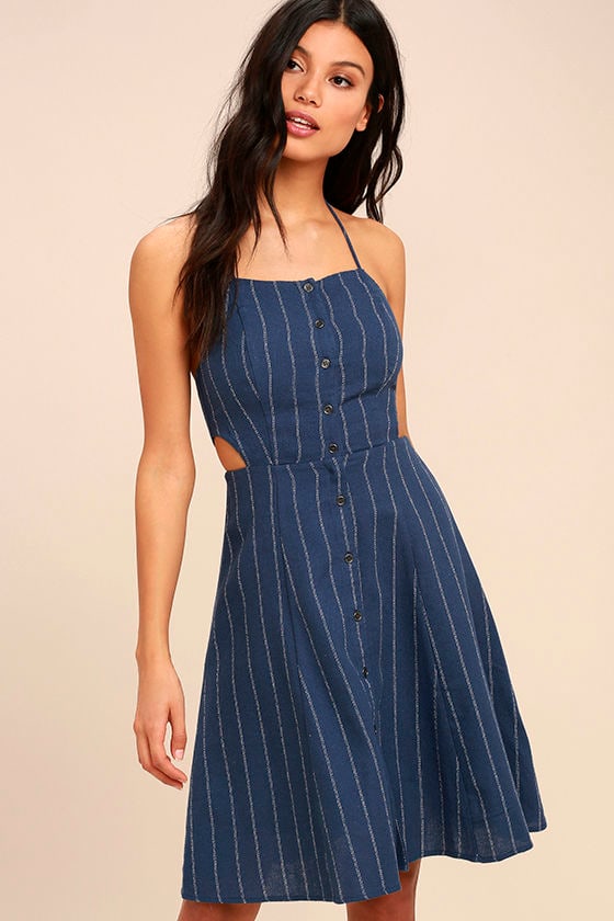 ASTR the Label Paulina Denim Blue Striped Halter Dress