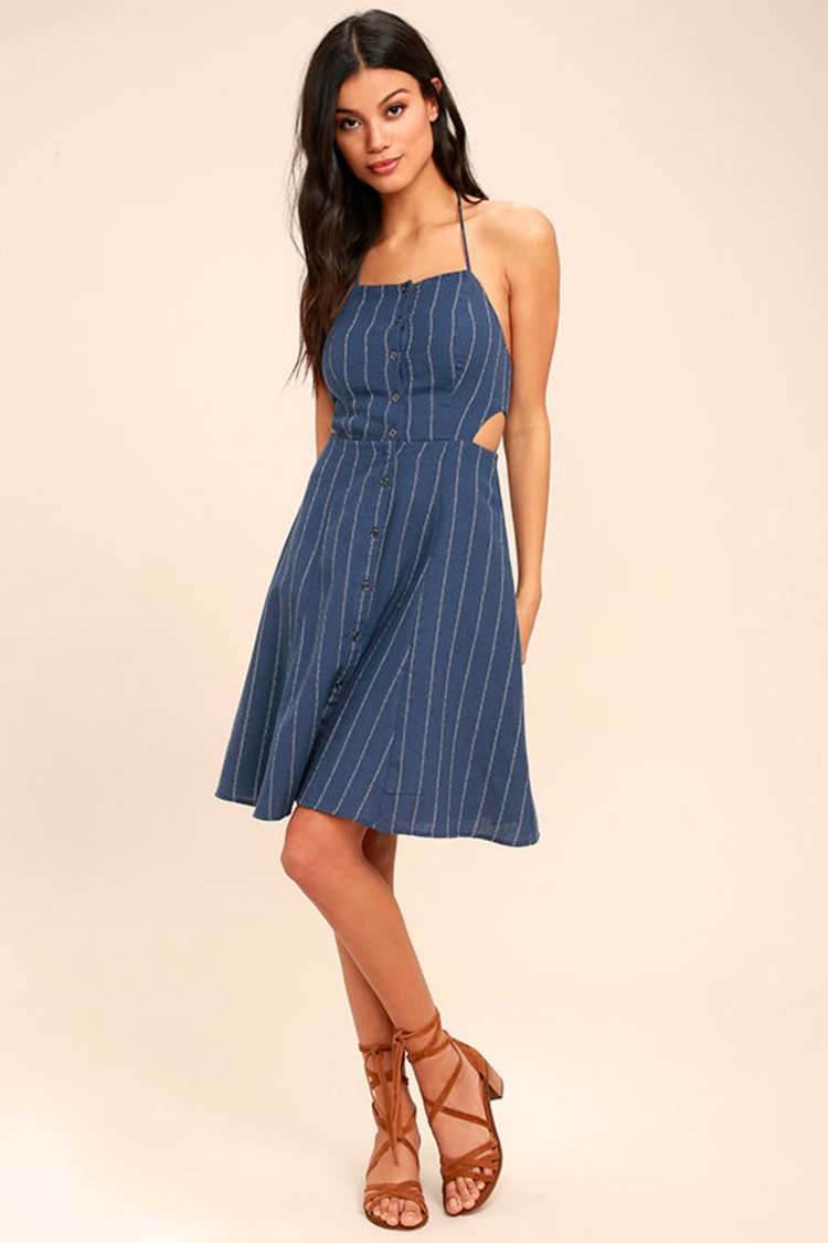 ASTR the Label Paulina - Denim Blue Striped Dress - Button-Up Dress - Lulus