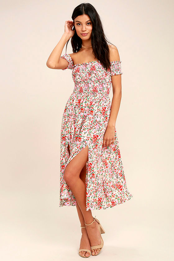 Cute Cream Floral Print Dress - Off-the-Shoulder Dress - Midi Dress ...