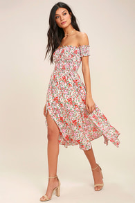 View from the Meadow Cream Floral Print Off-the-Shoulder Dress