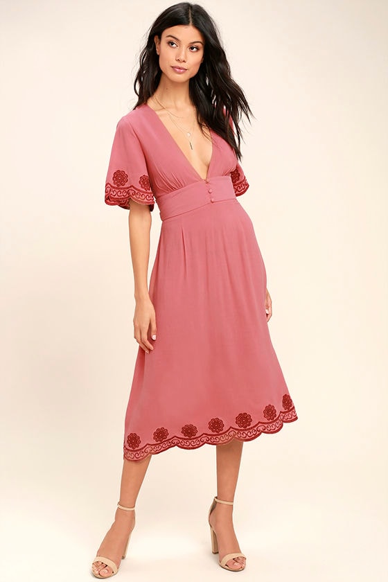 Lovely Terra Cotta Dress - Midi Dress - Embroidered Dress - $79.00 - Lulus