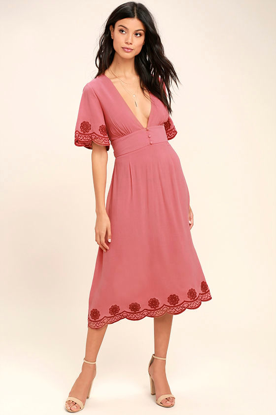 Lovely Terra Cotta Dress Midi Dress Embroidered Dress 79.00 Lulus