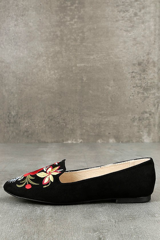Arvida Black Suede Embroidered Loafer Flats 1