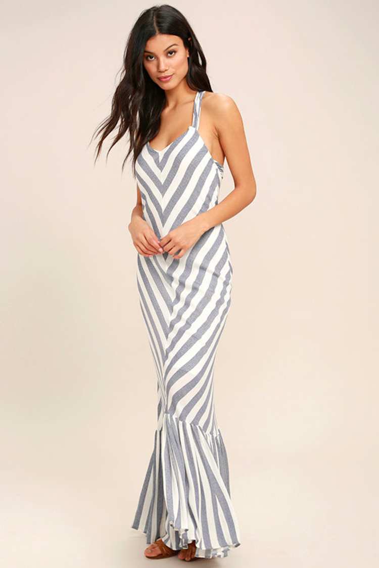 black and blue striped maxi dress Terry Toweling Jacquard Maxi Dress With Long Sleeves In Black And Cream Stripe L