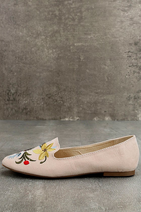 Arvida Nude Suede Embroidered Loafer Flats