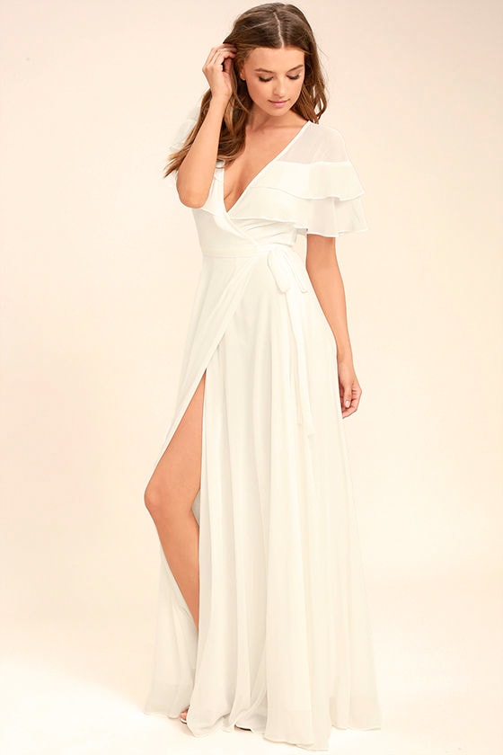Lovely White Wrap Maxi - Short Sleeve Wrap Dress - White Maxi Dress ...