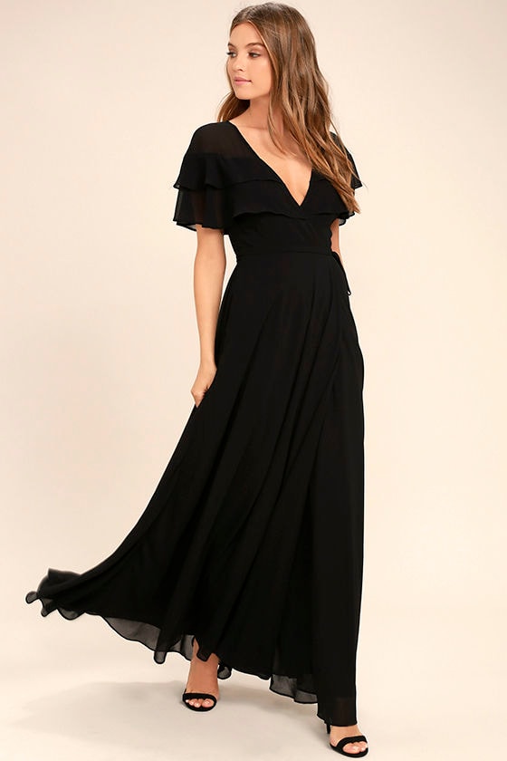 Lovely Black Wrap Maxi - Short Sleeve Wrap Dress - Black Maxi Dress ...