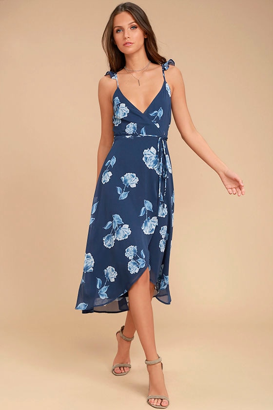 One Desire Navy Blue Floral Print Wrap Dress