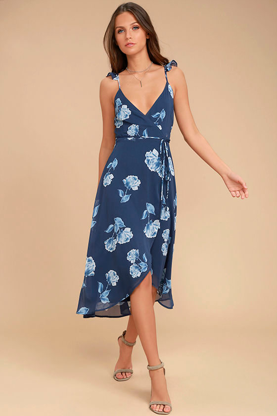 Navy Floral Print Dress -Surplice Wrap Dress -High-Low Dress - Lulus