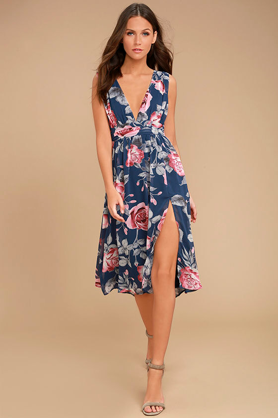 Lovely Navy Blue Floral Print Dress - Midi Dress - Sleeveless Dress ...