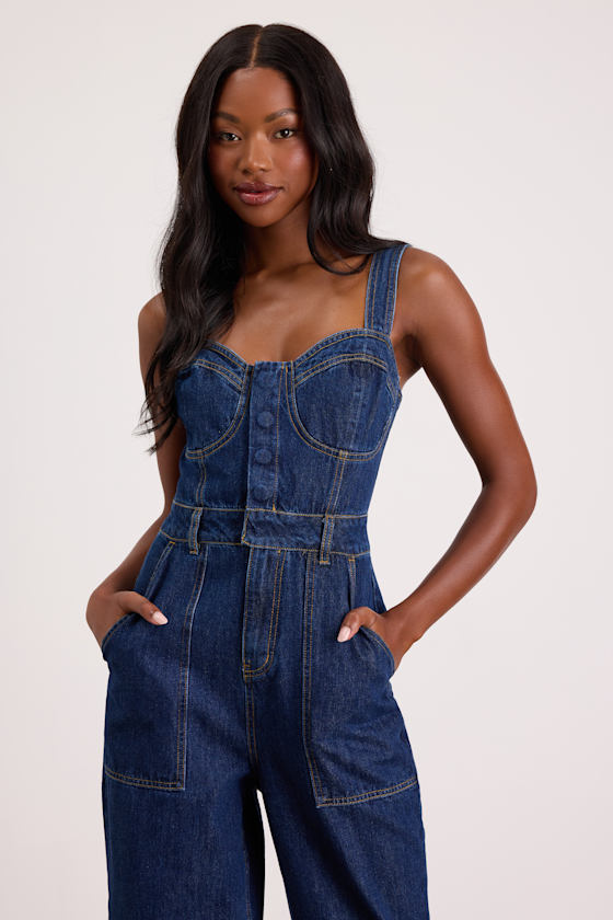 Fresh Perfection Dark Wash Bustier Sleeveless Denim Jumpsuit 1