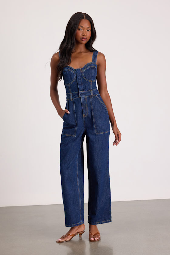 Fresh Perfection Dark Wash Bustier Sleeveless Denim Jumpsuit 2