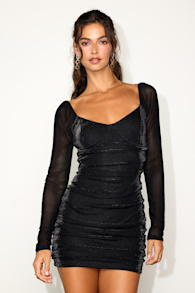 Tempting Sparkle Shiny Black Mesh Ruched Long Sleeve Mini Dress 1