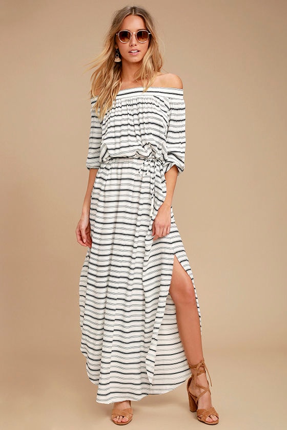 black and white striped off the shoulder dress