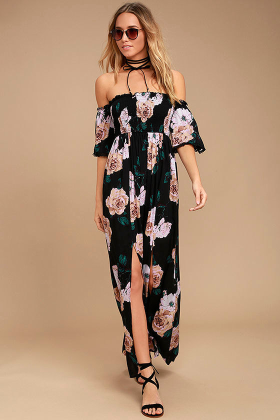 black floral off the shoulder maxi dress