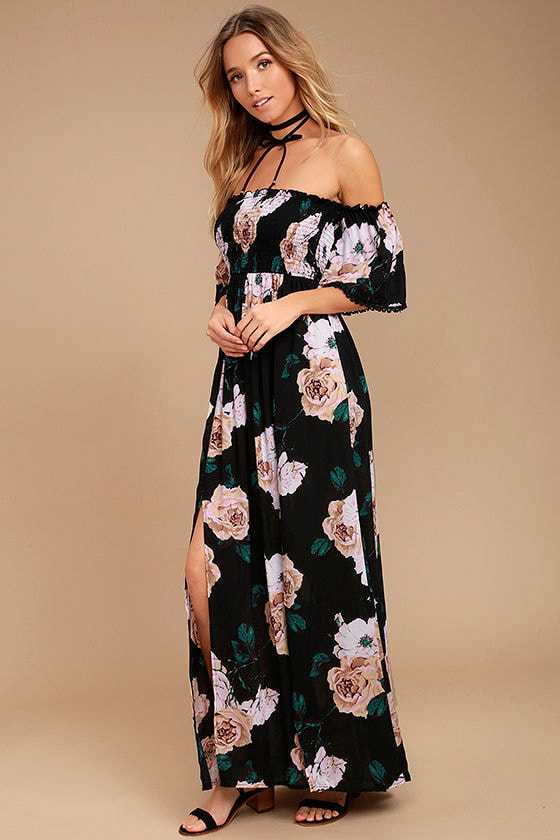 Black Floral Dress Off The Shoulder Top ...