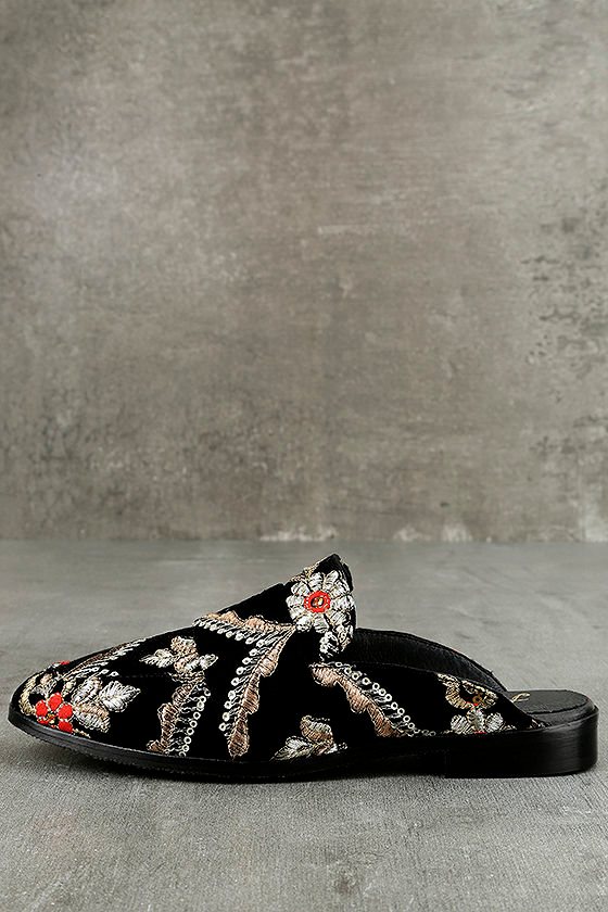Free People Brocade At Ease Black Embroidered Loafer Slides 1