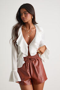 Casual Luxury Rust Brown Vegan Leather Drawstring Shorts 2