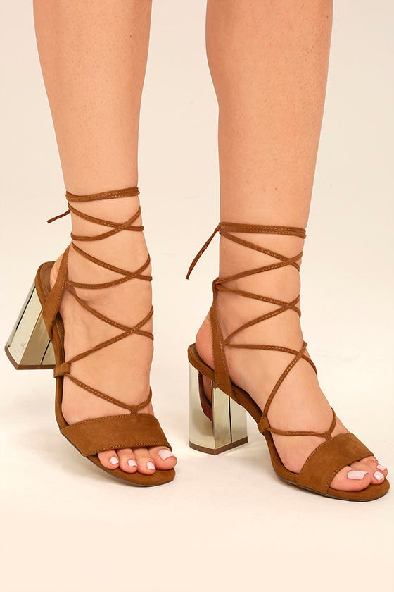 Cute Tan Lace-Up Heels - Vegan Suede Heels - Tan Heels - Gold Block Heels - $37.00 - Lulus