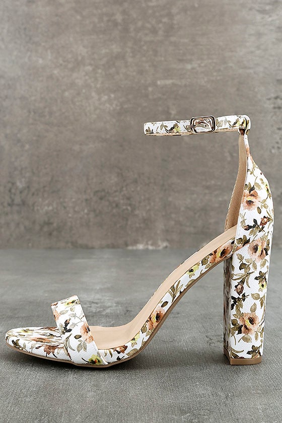 Sirona White and Brown Floral Print Ankle Strap Heels