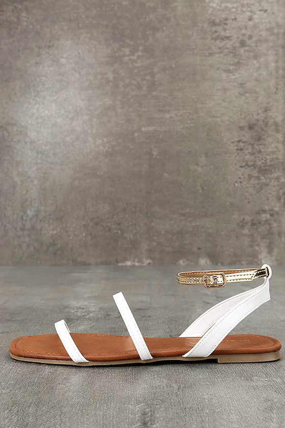 Cute White and Gold Sandals Gold Ankle Strap Sandals Vegan Leather