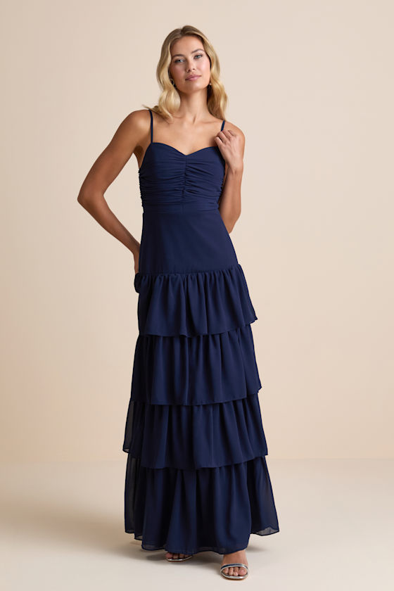 Navy Dress - Pleated Maxi Dress - Drop Waist Tiered Dress - Lulus