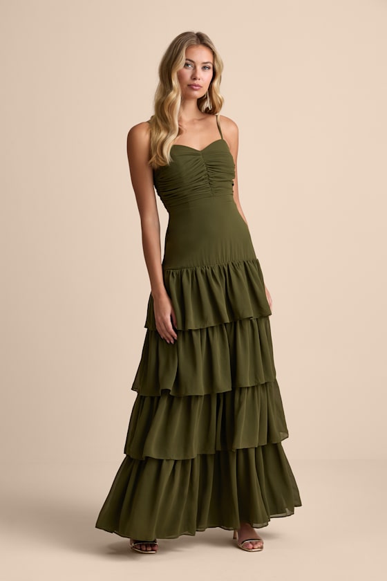 Gorgeous Influence Olive Green Tiered Maxi Dress 2