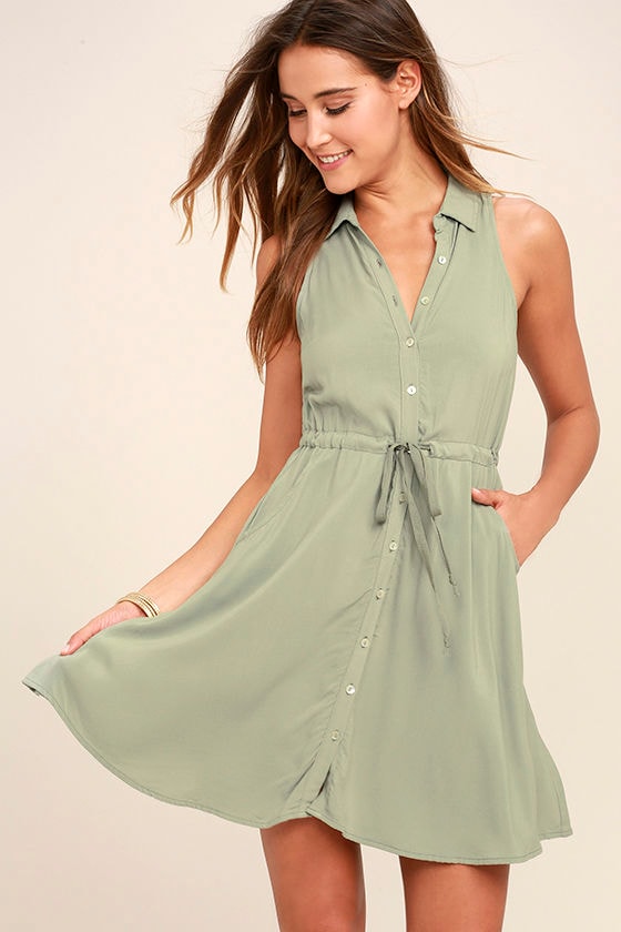 Others Follow Maddox Washed Olive Green Shirt Dress