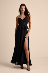 Elegant Silhouette Black Lace Bustier Peplum Maxi Dress 2
