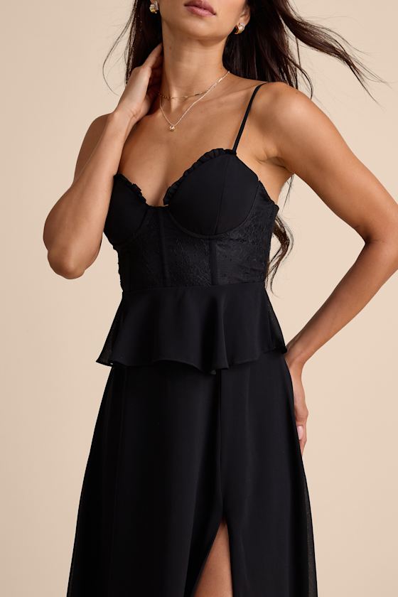 Elegant Silhouette Black Lace Bustier Peplum Maxi Dress 3