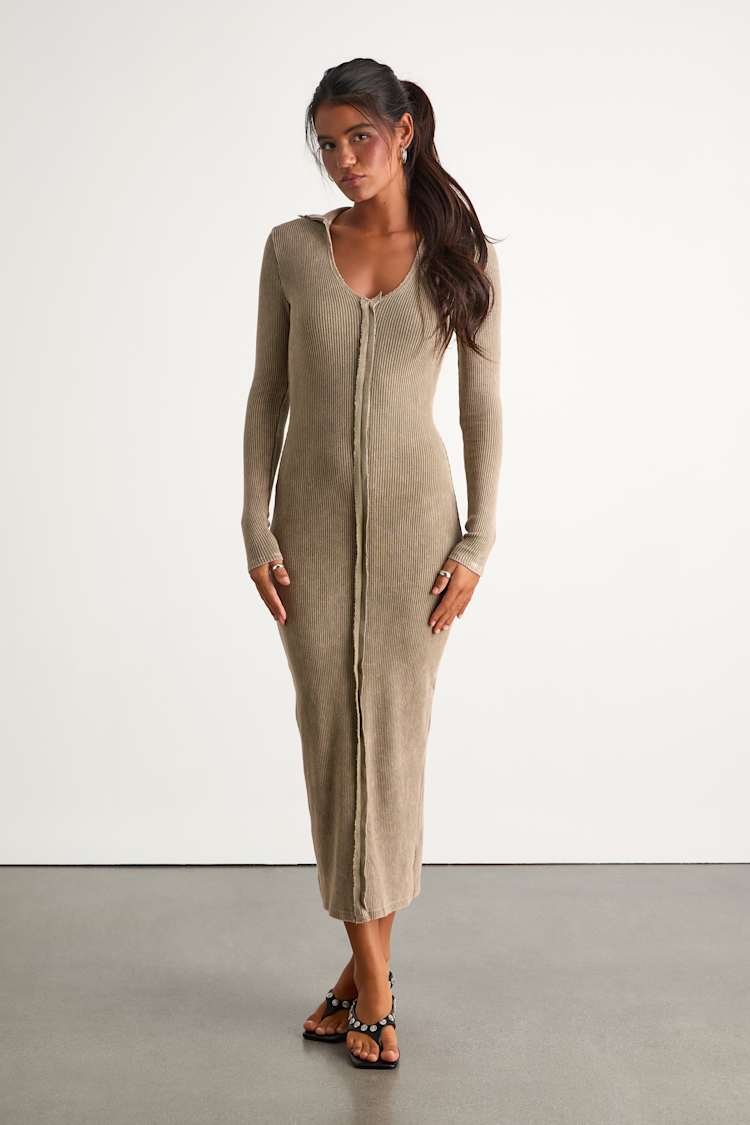 Effortlessly Pristine Washed Olive Ribbed Long Sleeve Midi Dress