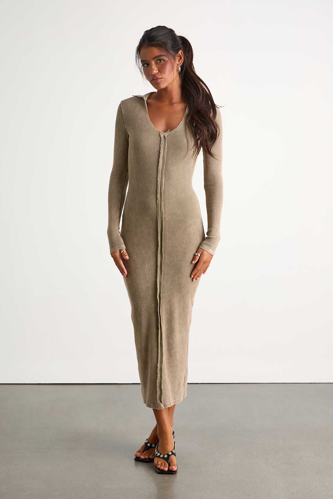 Effortlessly Pristine Washed Olive Ribbed Long Sleeve Midi Dress