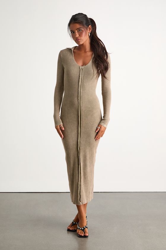 Effortlessly Pristine Washed Olive Ribbed Long Sleeve Midi Dress