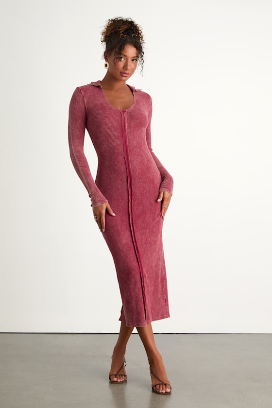 Washed Berry Dress - Seamed Ribbed Dress - Long Sleeve Midi Dress