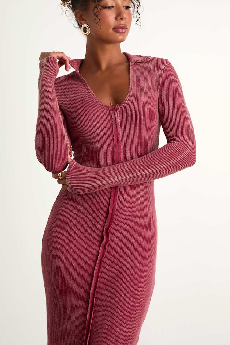 Washed Berry Dress - Seamed Ribbed Dress - Long Sleeve Midi Dress - Lulus Washed Berry Dress - Seamed Ribbed Dress - Long Sleeve Midi Dress - Lulus