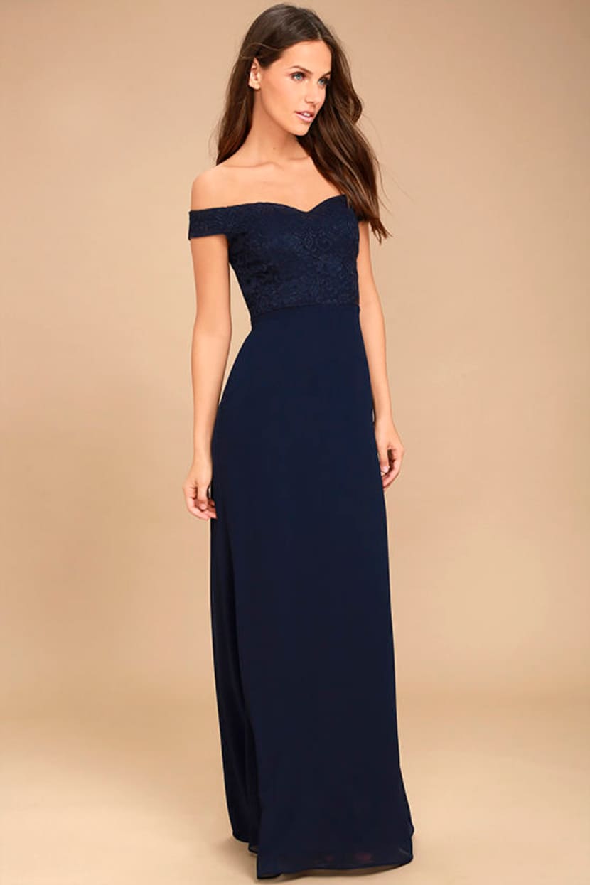 Lovely Navy Blue Maxi - Lace Maxi Dress - Off-the-Shoulder Maxi Dress -  Lulus