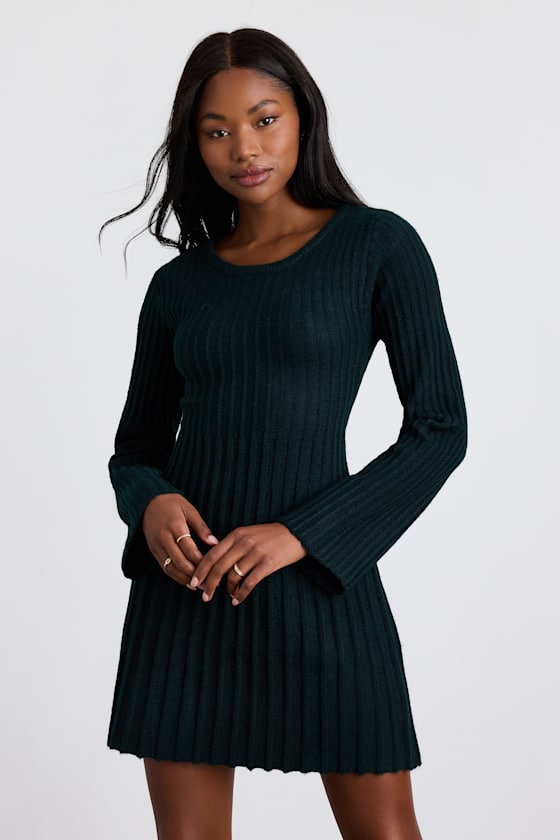 Dark Green Ribbed Dress - Long Sleeve Dress - Skater Mini Dress - Lulus
