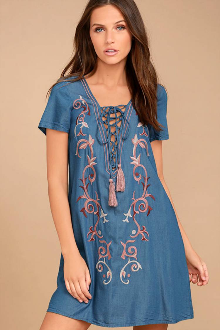 Pretty Blue Chambray Dress - Lace-Up Dress - Embroidered Dress - $54.00 -  Lulus