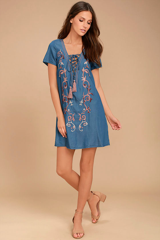 Down in Kokomo Blue Chambray Embroidered Shift Dress 2