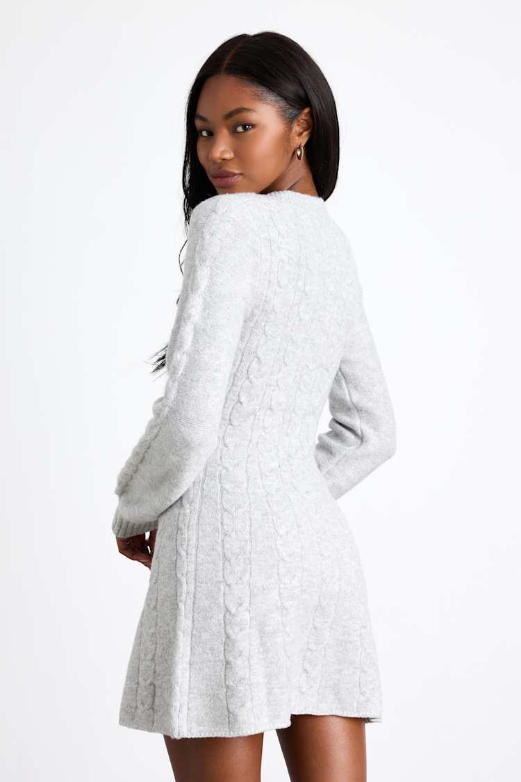 Snuggly Chic Grey Cable Knit Long Sleeve Sweater Mini Dress
