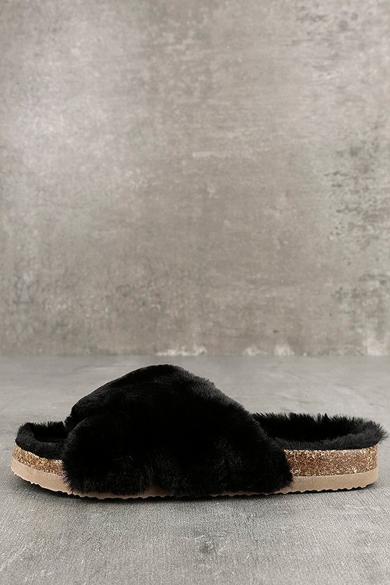 black faux fur sandals
