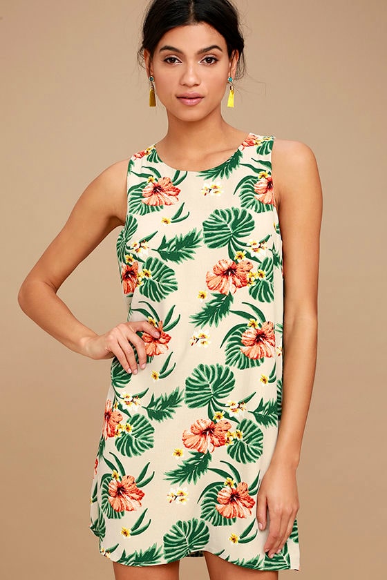 Waikiki Wonder Beige Tropical Print Shift Dress 1